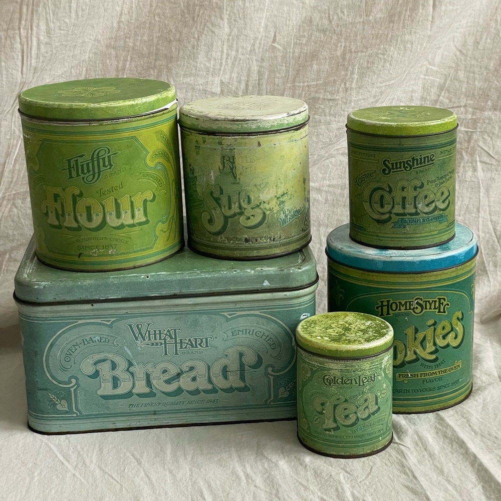 6 vintage ballonoff tin canisters lot